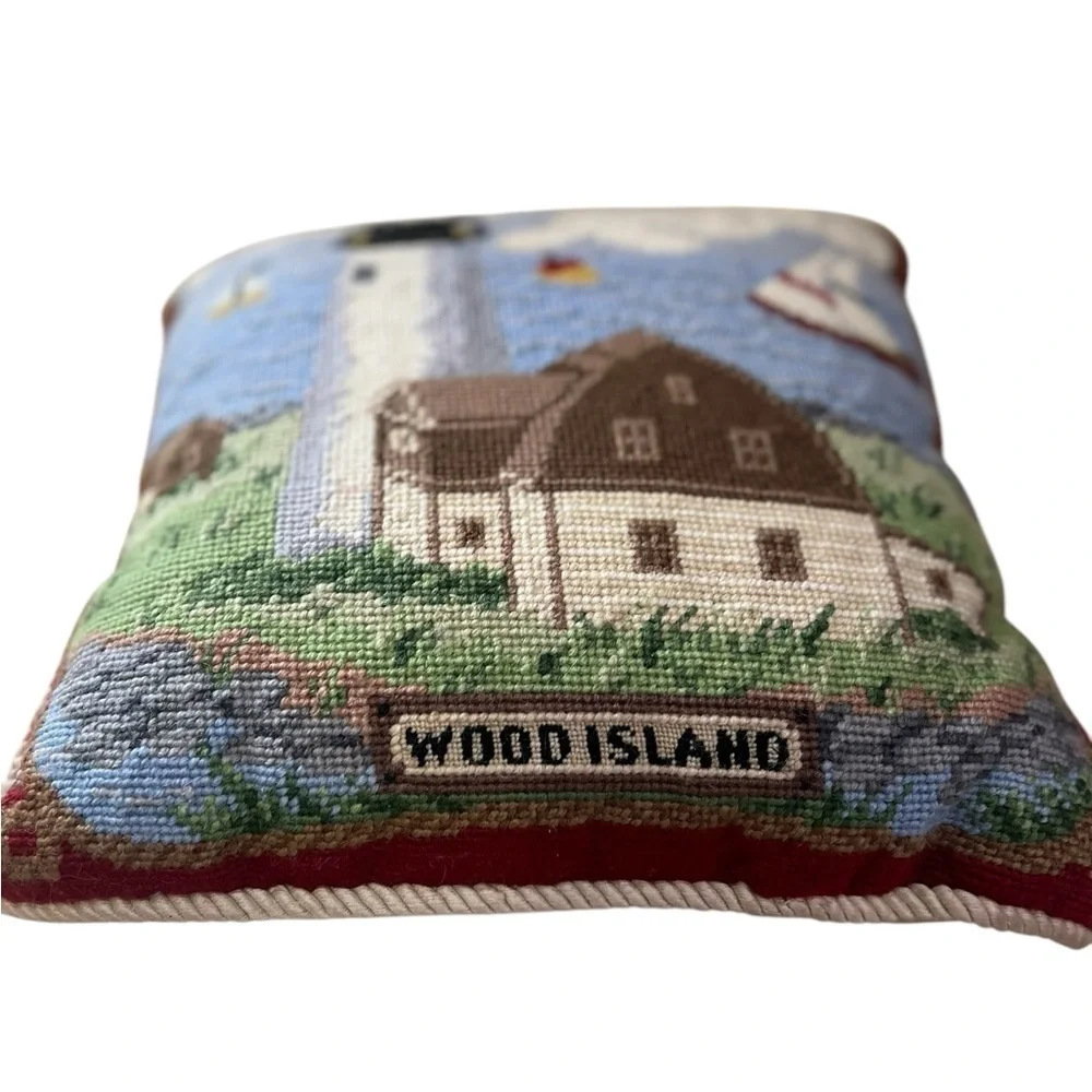 Needlepoint Lighthouse 13x13 Throw Pillow Americana Coastal Wood Island Maine